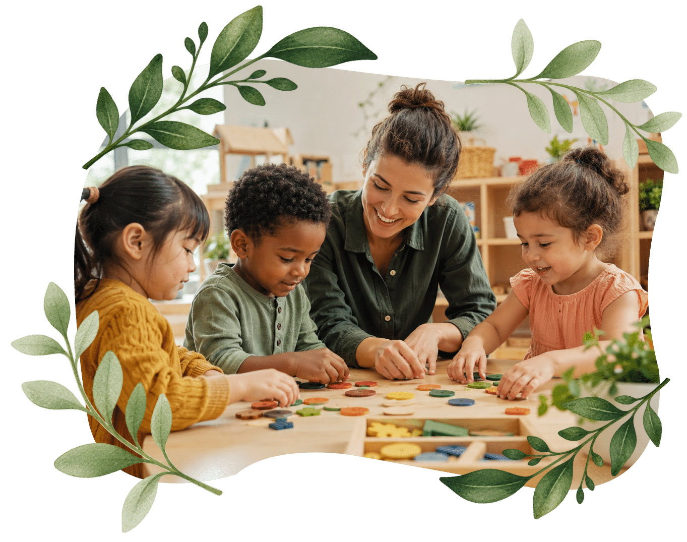 Preschool children and their teacher explore colorful learning pieces together at a classroom table.