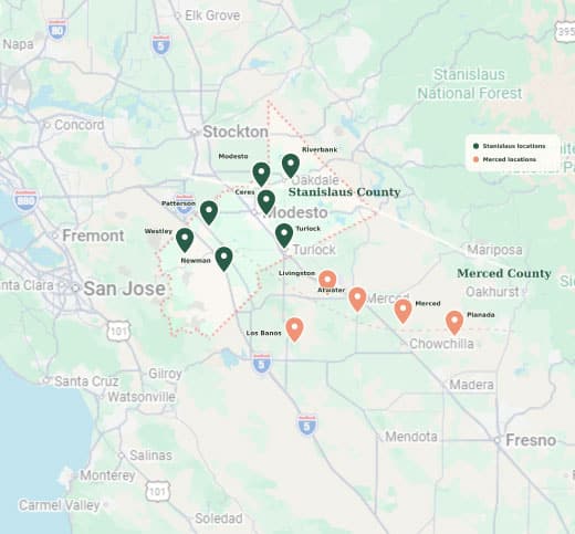 CCCDS center locations in Stanislaus and Merced Counties