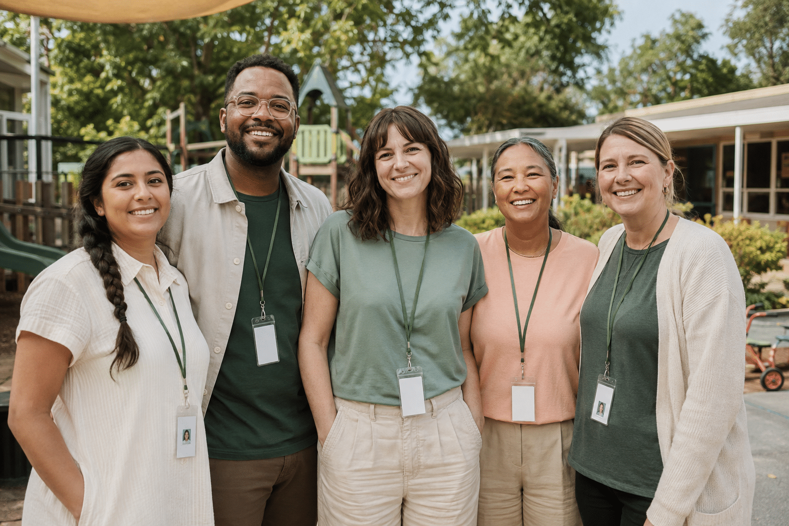 Team of early childhood education professionals outside a childcare center