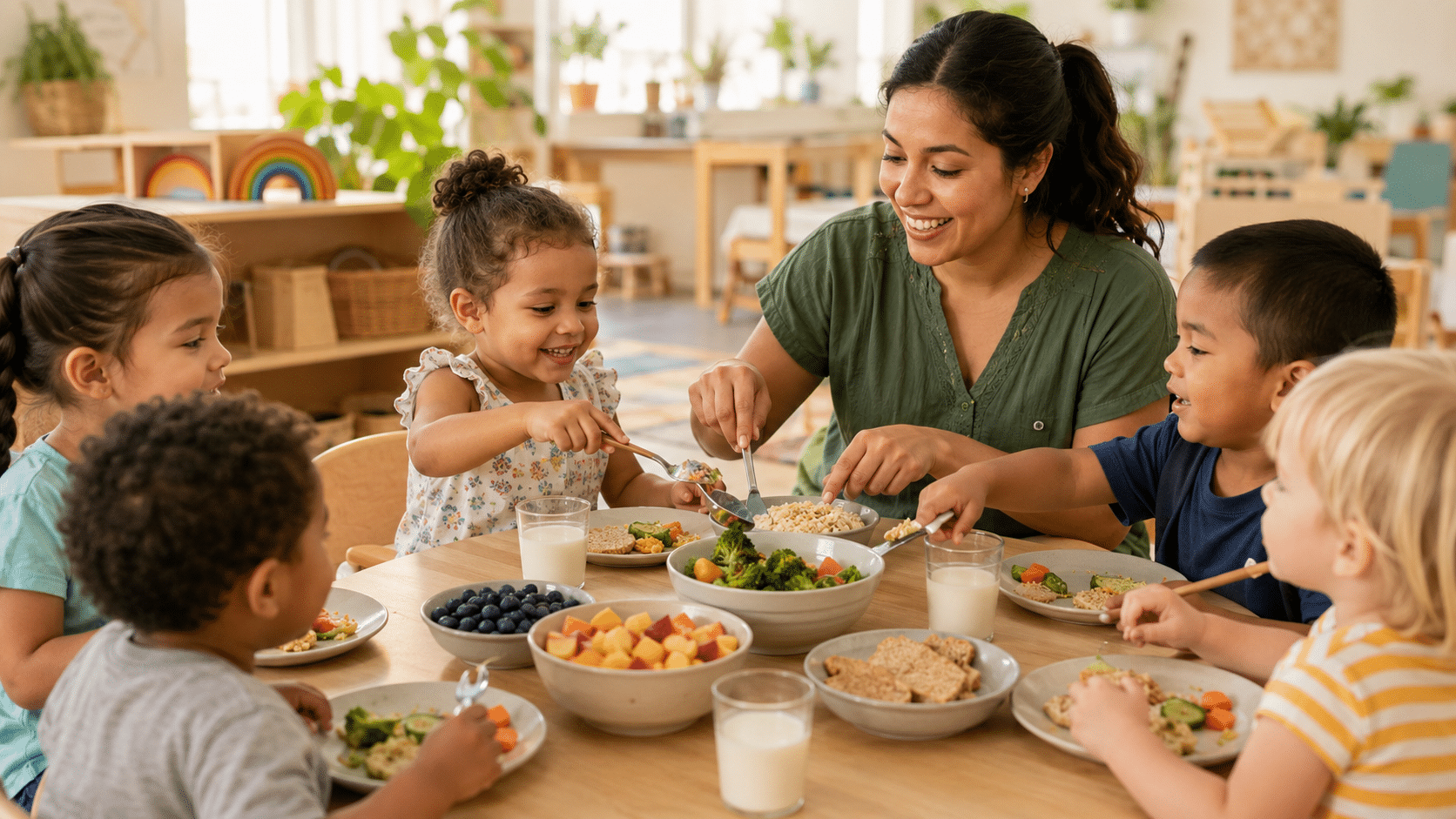 Children and teacher sharing a nutritious family-style meal