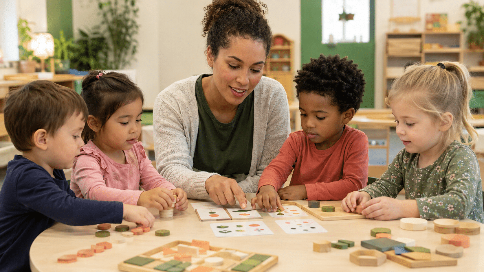 Teacher guiding children through a hands-on learning activity