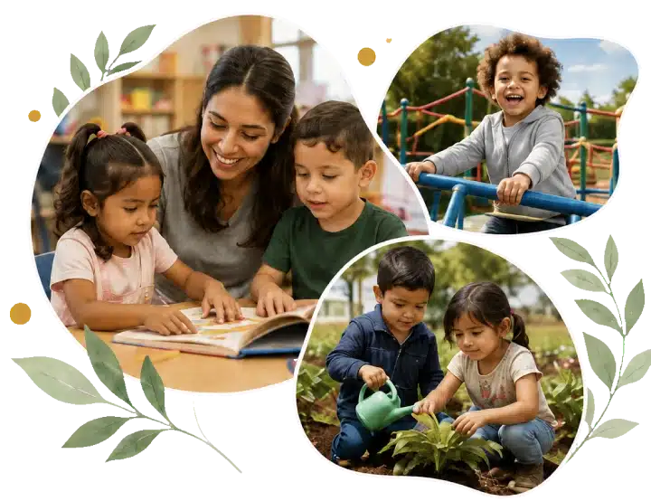 Collage photo of teacher reading a book with children, a little boy playing outside on the jungle gym and 2 children gardening.